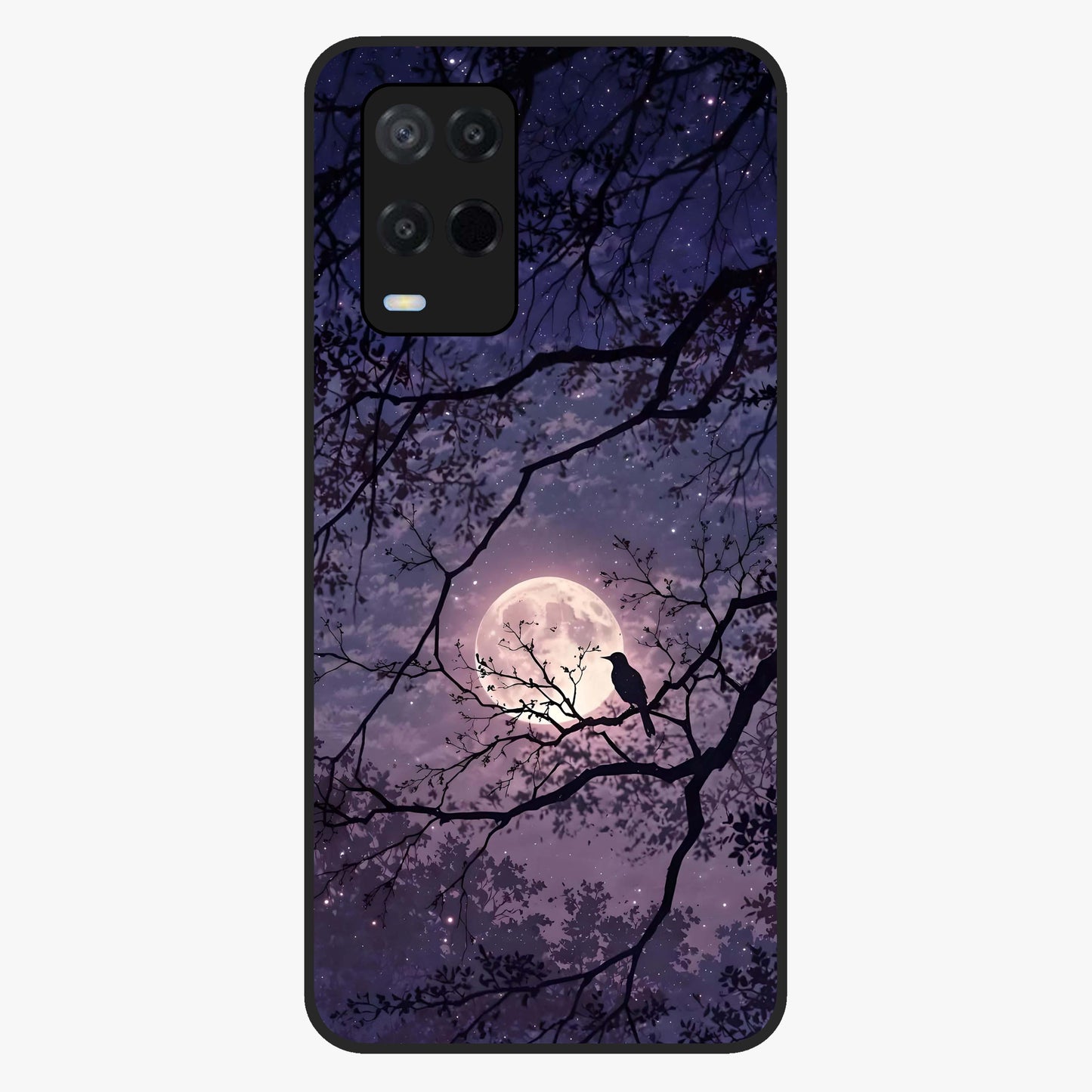 Whispering Moon Silence Glass Case showing flat back view with serene moon themed artwork and glossy glass finish.