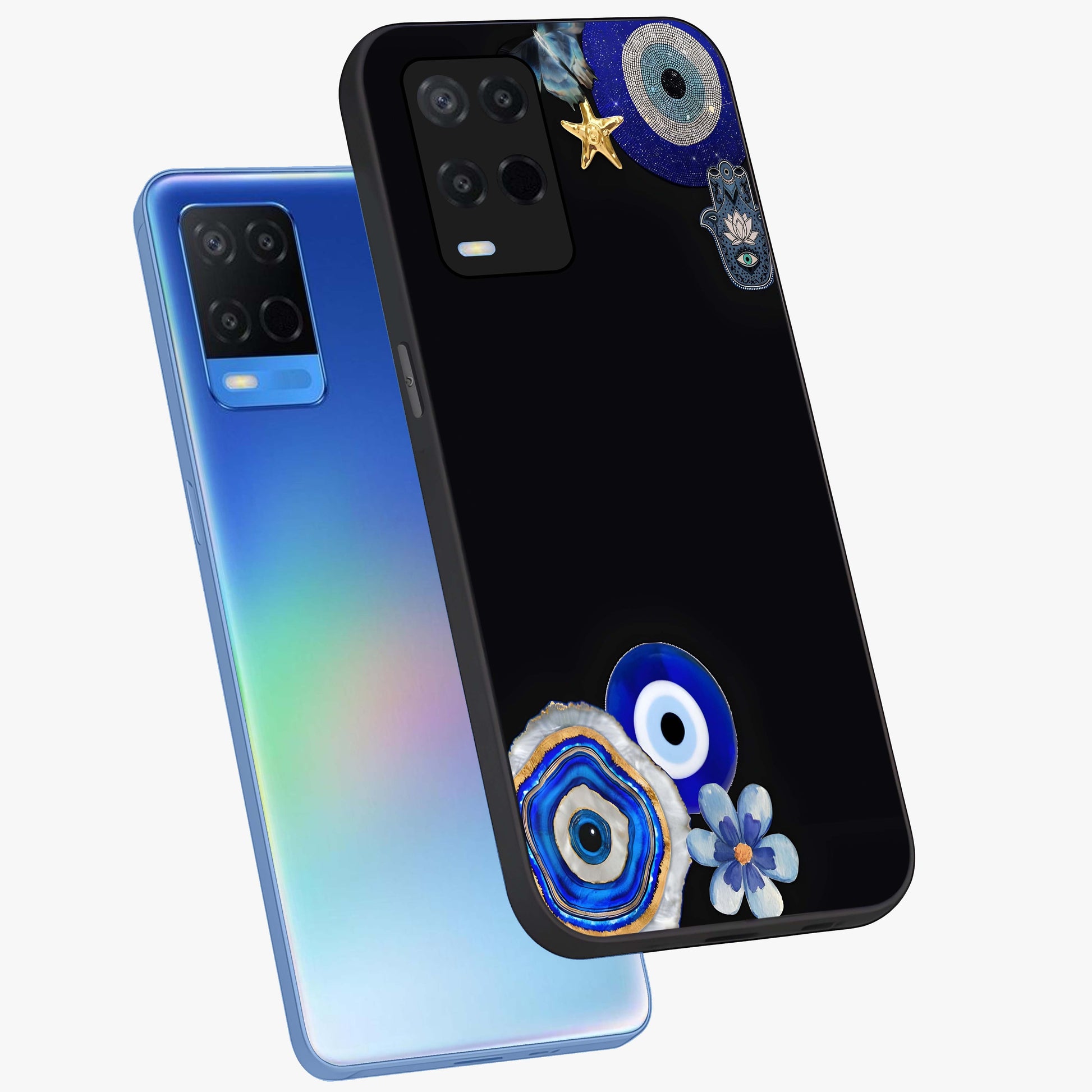 Aesthetic Blue Evil Eye Glass Case displayed in angled mockup highlighting blue evil eye symbol and spiritual aesthetic design.