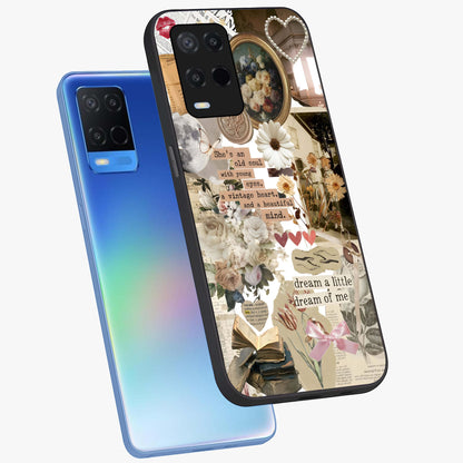 Aesthetic Brown Vintage Collage Glass Case displayed in angled mockup highlighting vintage aesthetic collage design.