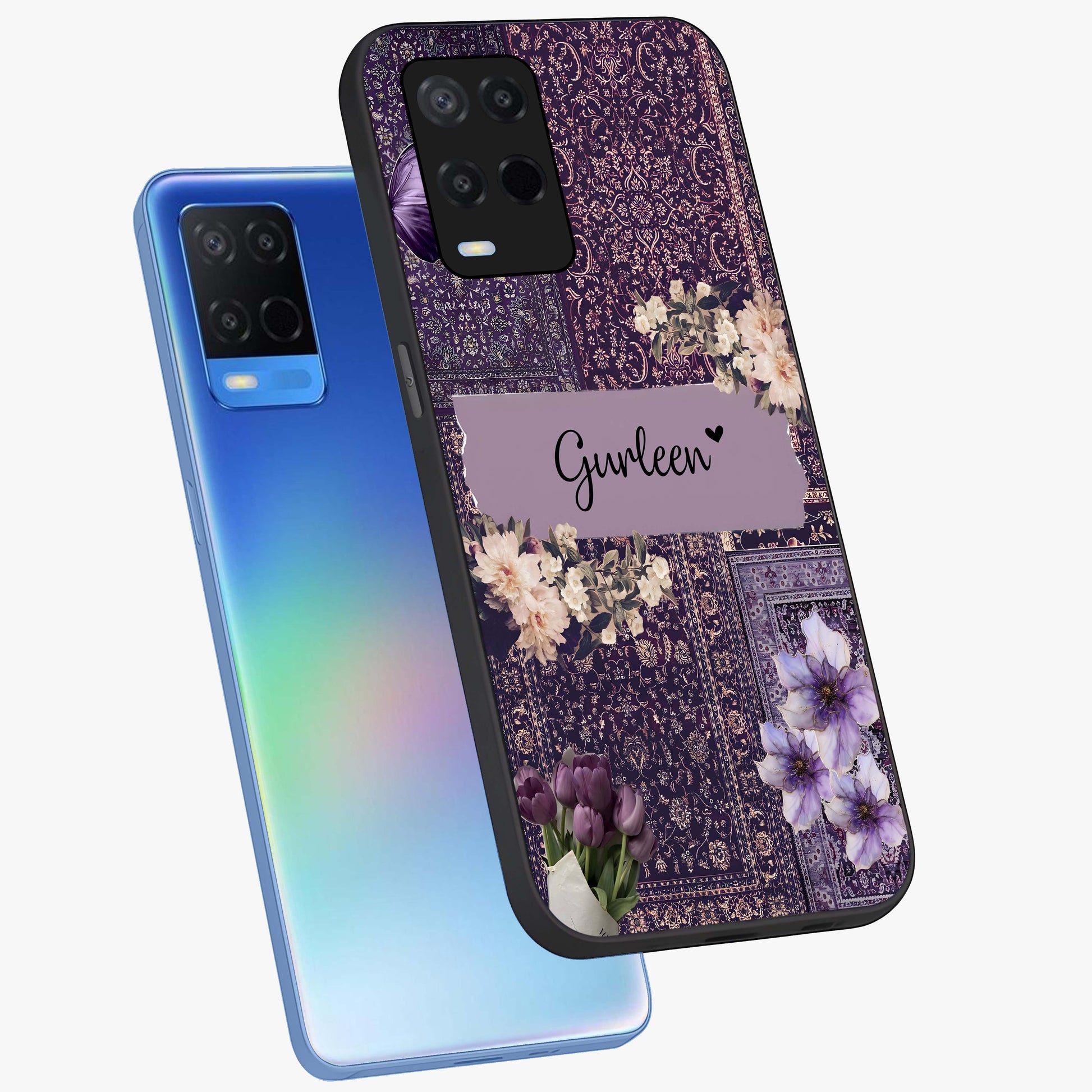 Antique Floral Whisper Custom Name Glass Case displayed in angled mockup highlighting elegant antique floral aesthetic.