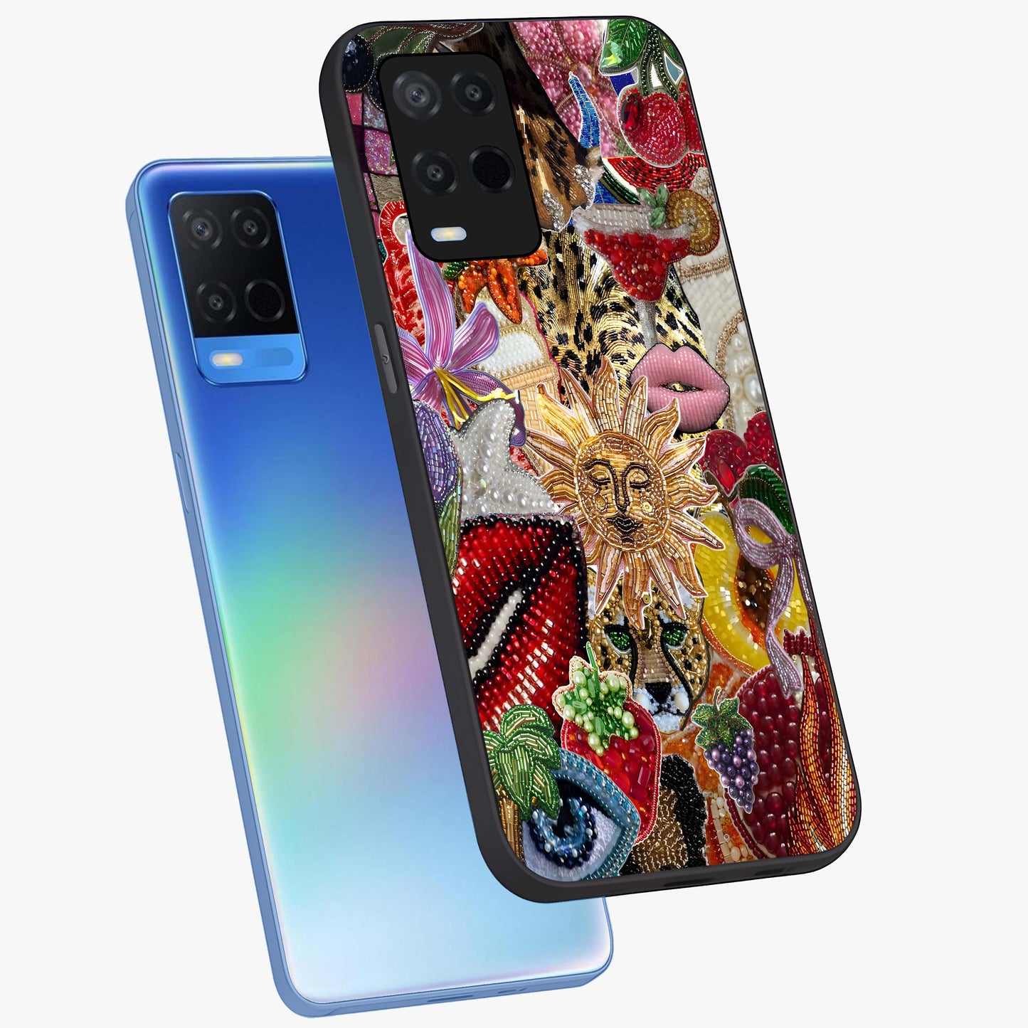 Beaded Fashion Jungle Glass Case displayed in angled mockup highlighting colorful fashion bead design and artistic pattern.