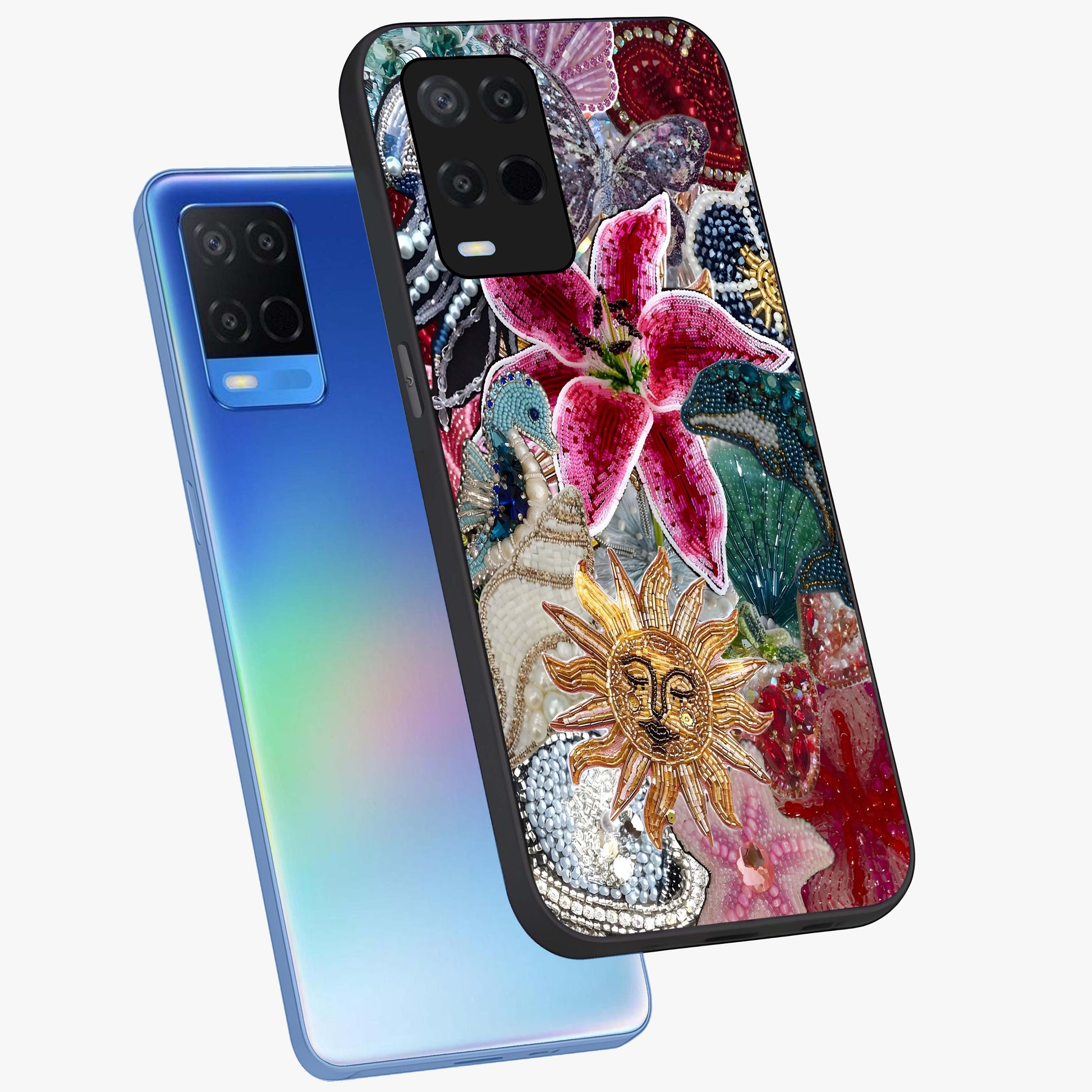 Beaded Garden Fantasy Glass Case displayed in angled mockup highlighting fantasy inspired floral bead pattern.