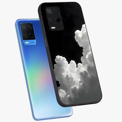 Black Background With White Cloud Glass Case displayed in angled mockup highlighting soft white cloud illustration and minimal design.