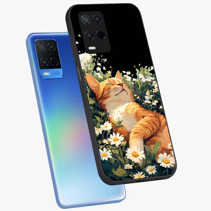 Blissful Bloom Cat Glass Case displayed in angled mockup highlighting playful feline illustration with soft floral aesthetic.