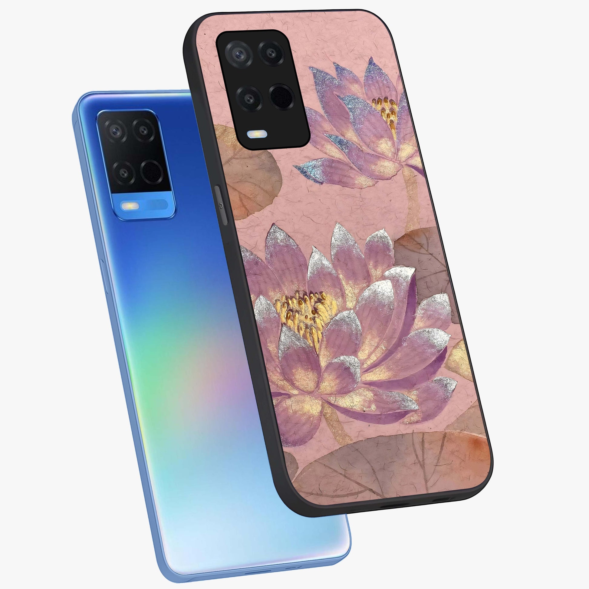 Blossom Mist Lotus Glass Case displayed in angled mockup highlighting delicate lotus illustration with calm aesthetic theme.