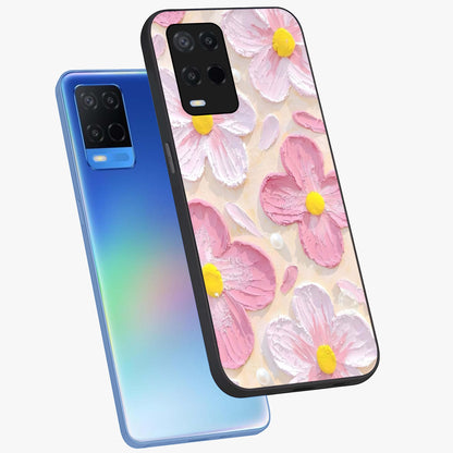Blush Bloom Texture Glass Case displayed in angled mockup highlighting subtle bloom pattern with aesthetic pastel design.
