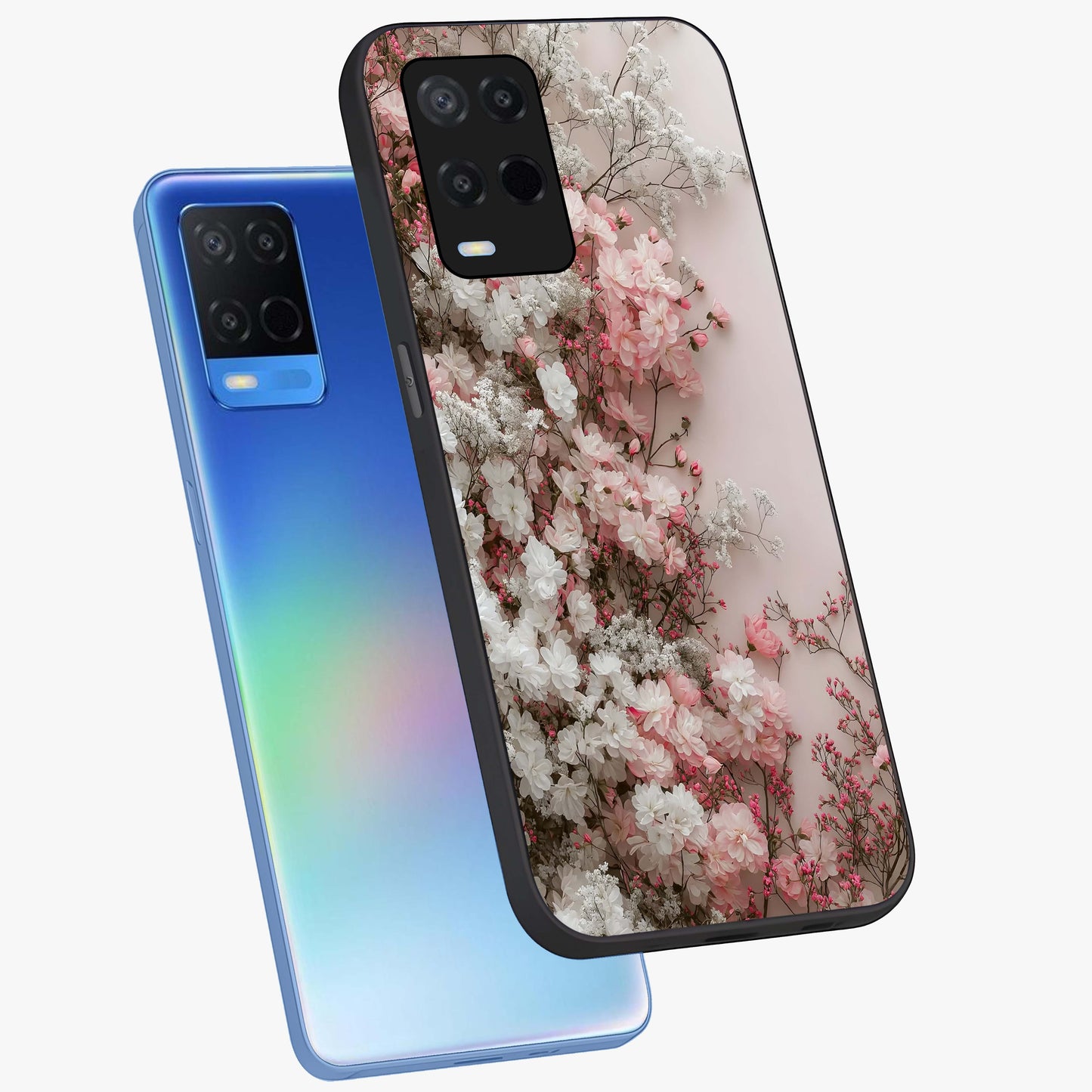 Blush Blossom Cloud Glass Case displayed in angled mockup highlighting soft cloud and blossom design with pastel aesthetic.