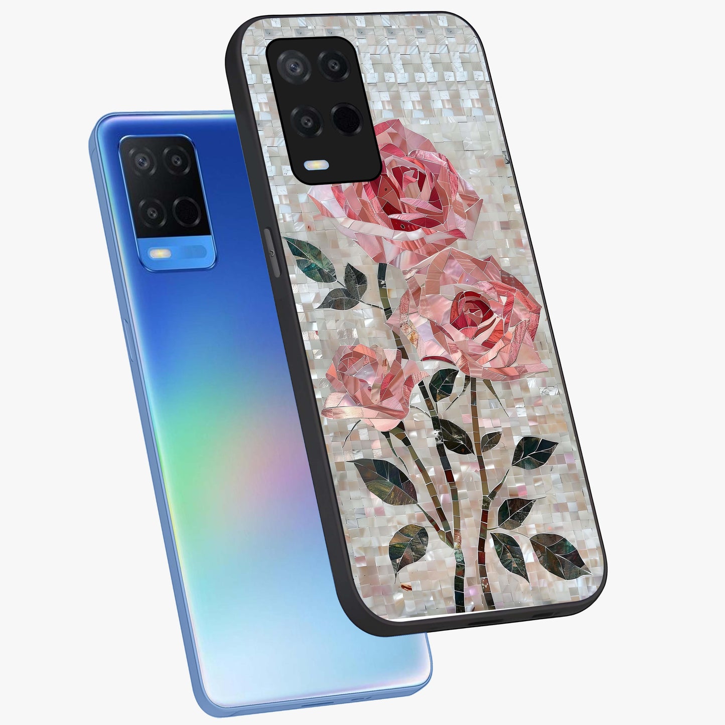 Blush Mosaic Bloom Glass Case displayed in angled mockup highlighting artistic mosaic flower pattern with aesthetic design.