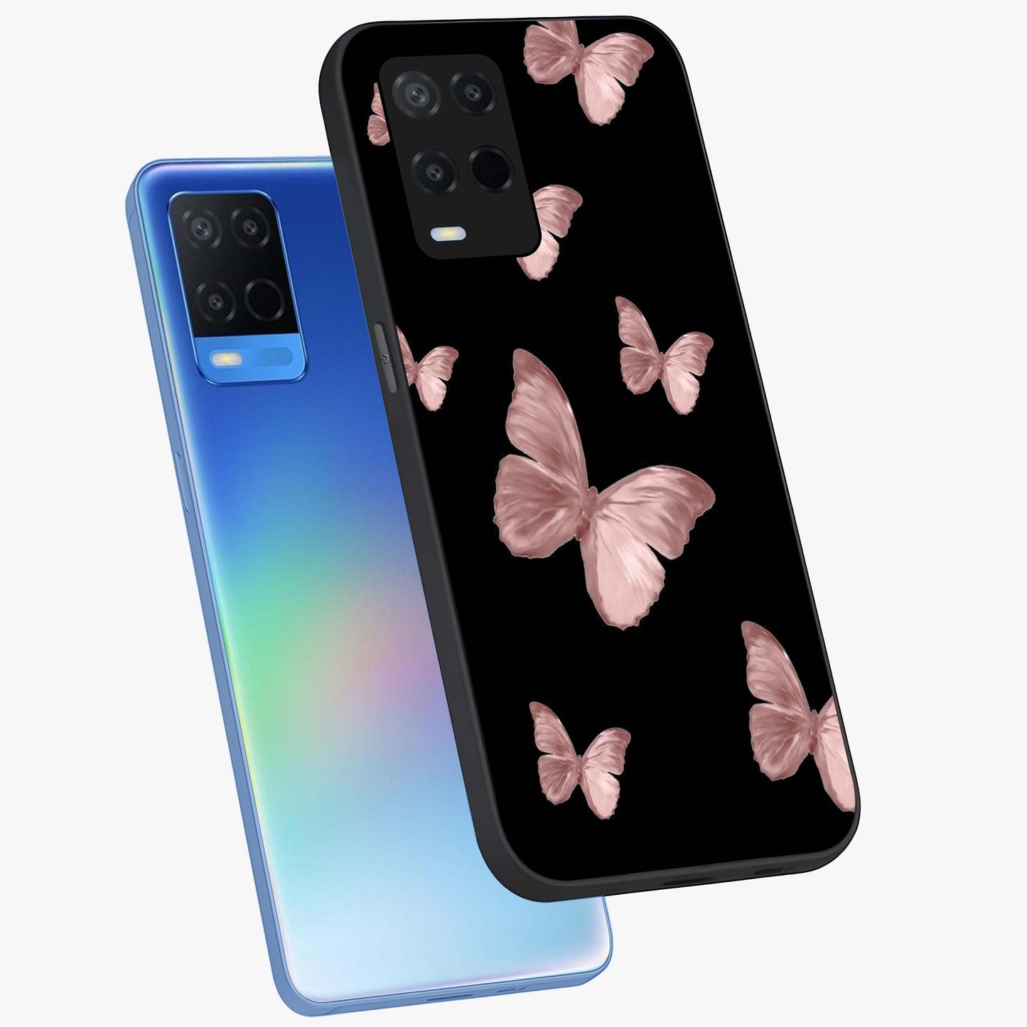 Butterfly Pattern Glass Case displayed in angled mockup highlighting delicate butterfly design and aesthetic pattern style.