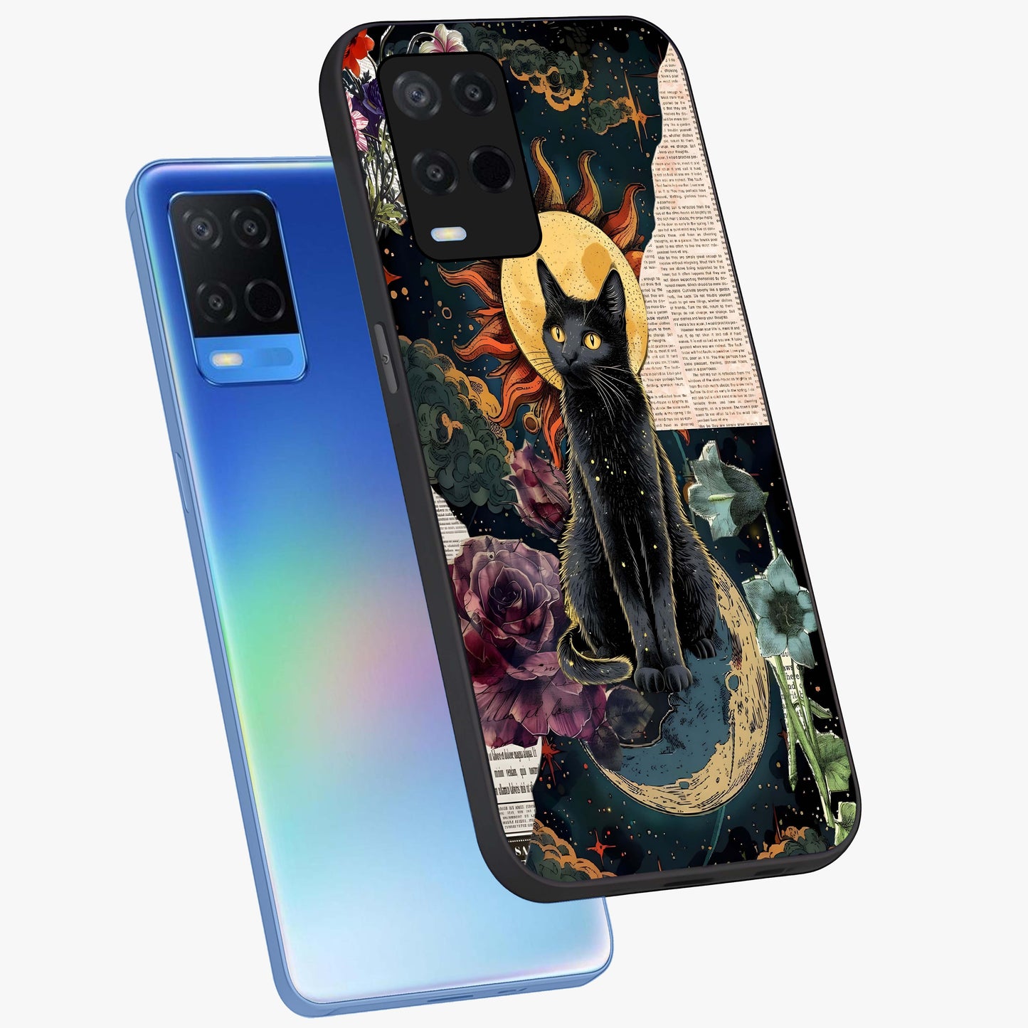 Celestial Black Cat Glass Case displayed in angled mockup highlighting cosmic black cat design with celestial aesthetic.