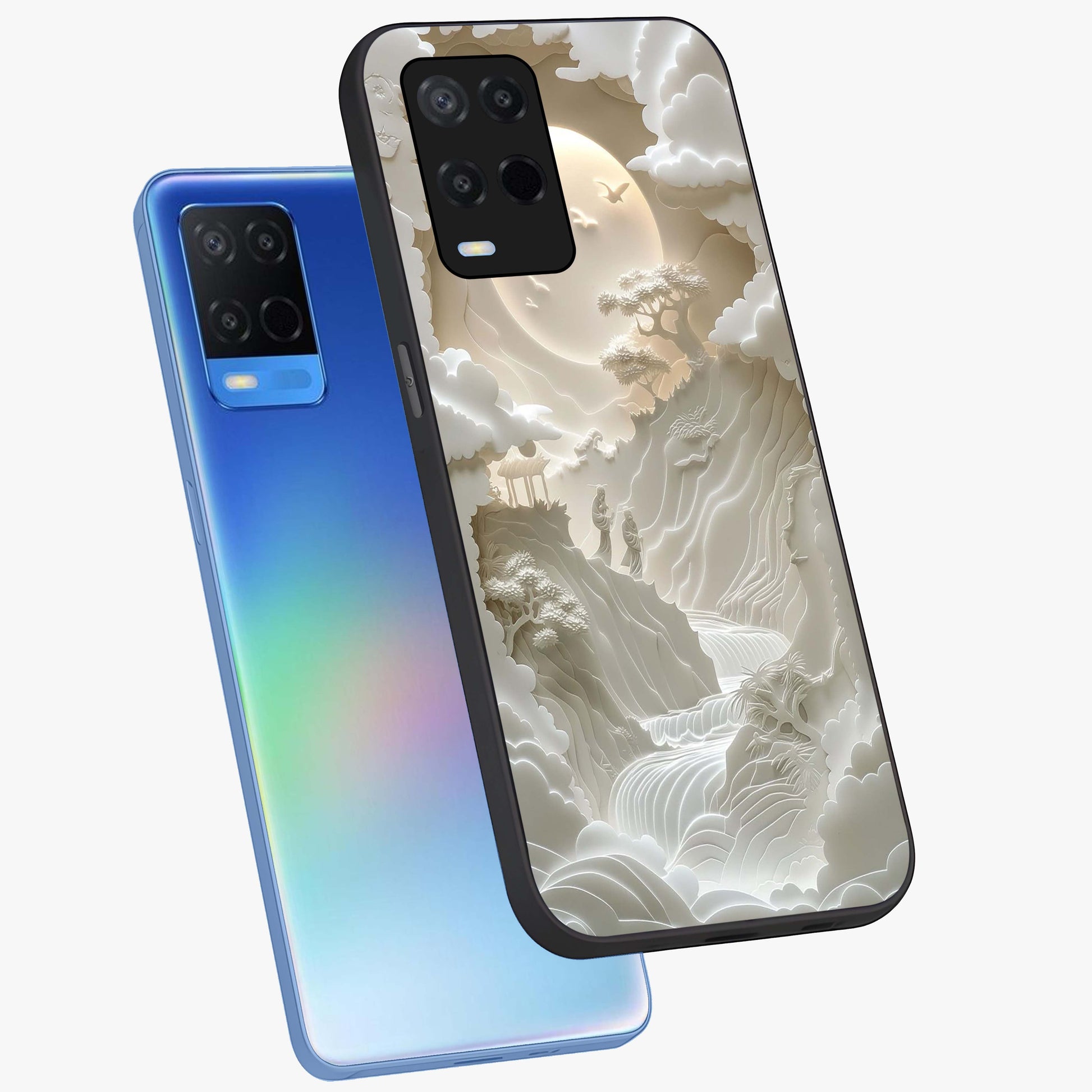 Celestial Origami Glass Case displayed in angled mockup highlighting geometric origami design with cosmic aesthetic theme.
