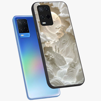 Celestial Origami Glass Case displayed in angled mockup highlighting geometric origami design with cosmic aesthetic theme.