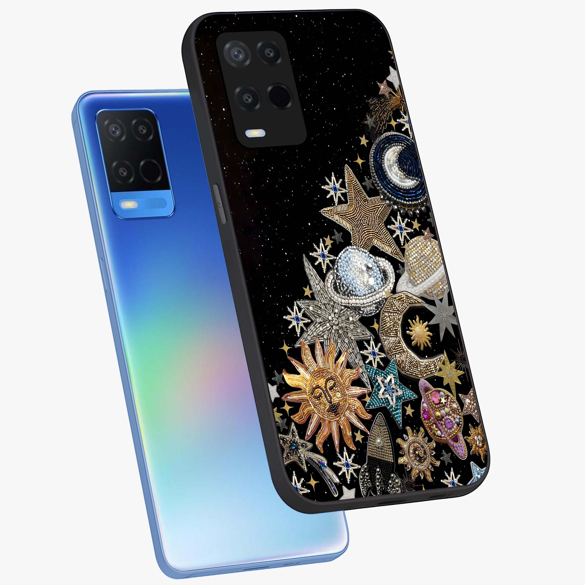Cosmic Sparkle Dreams Glass Case displayed in angled mockup highlighting dreamy star sparkle design with celestial aesthetic.