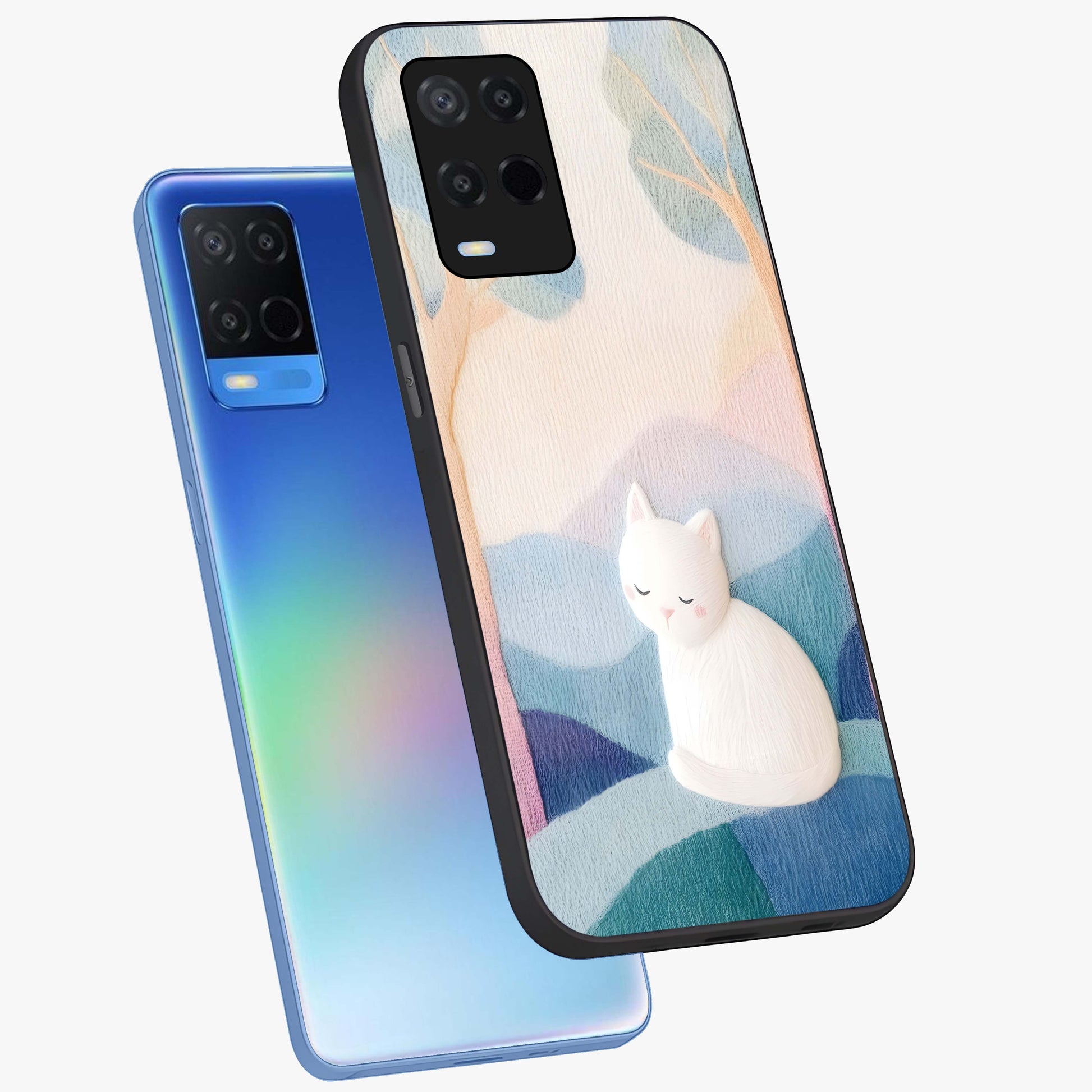 Cotton Dream Cat Glass Case displayed in angled mockup highlighting cute feline illustration with pastel aesthetic style.