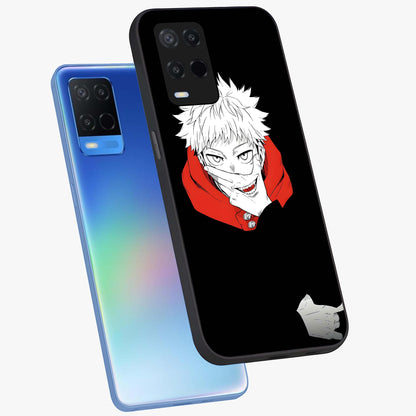 Crimson Chaos Smile Glass Case displayed in angled mockup highlighting edgy crimson smile design with graphic aesthetic.