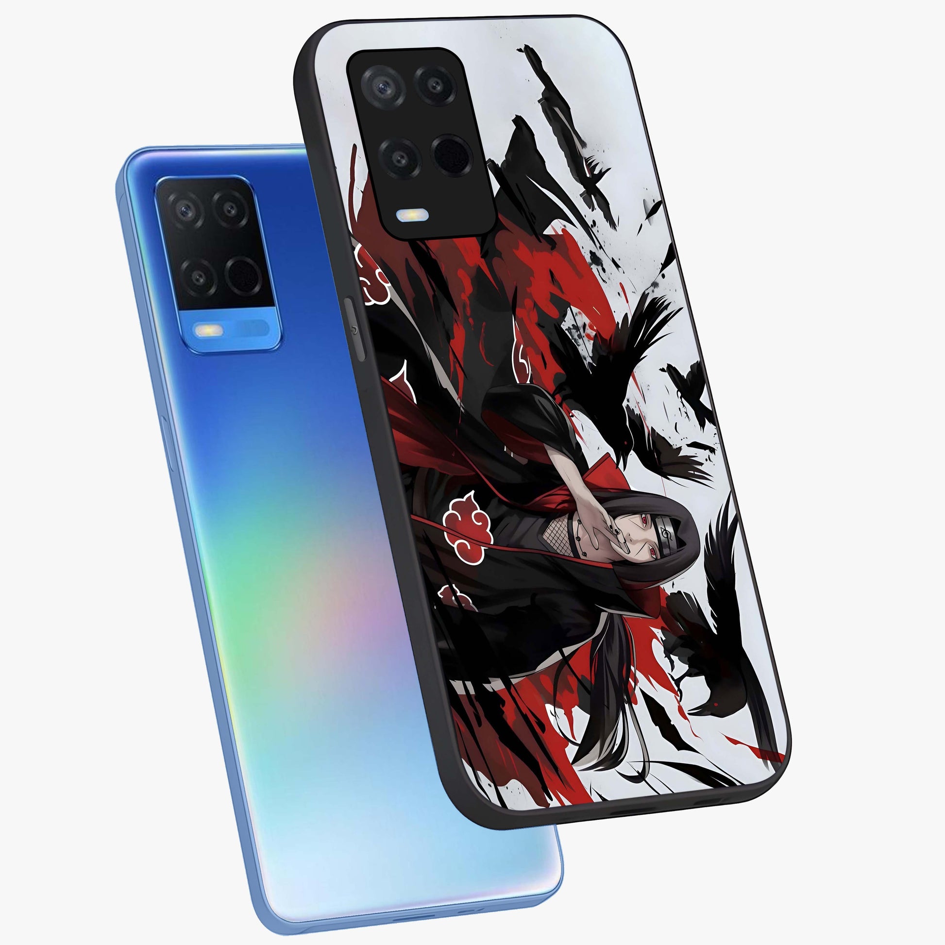 Crimson Crow Illusion Glass Case displayed in angled mockup highlighting mysterious crow graphic with dark aesthetic style.