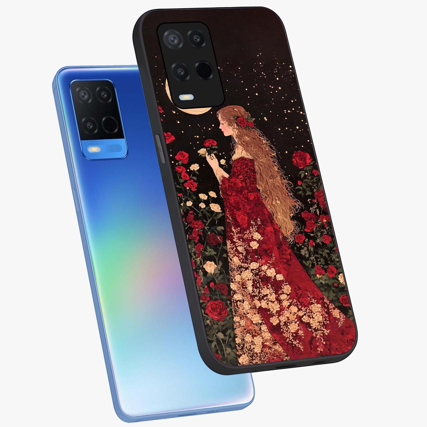Crimson Dreams Glass Case displayed in angled mockup highlighting soft crimson aesthetic design with artistic theme.
