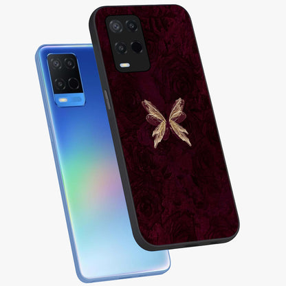 Crimson Fade Butterfly Glass Case displayed in angled mockup highlighting elegant butterfly design with crimson gradient aesthetic.