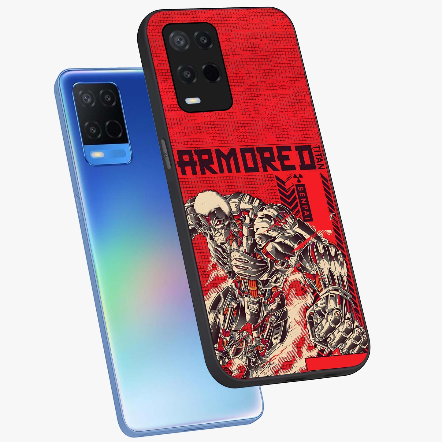 Crimson Mecha Titan Glass Case displayed in angled mockup highlighting futuristic mech illustration with bold crimson aesthetic.