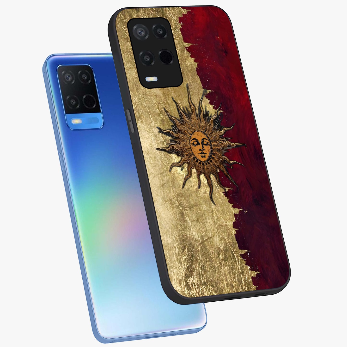 Crimson Sun Majesty Glass Case displayed in angled mockup highlighting majestic crimson sun design with bold aesthetic style.