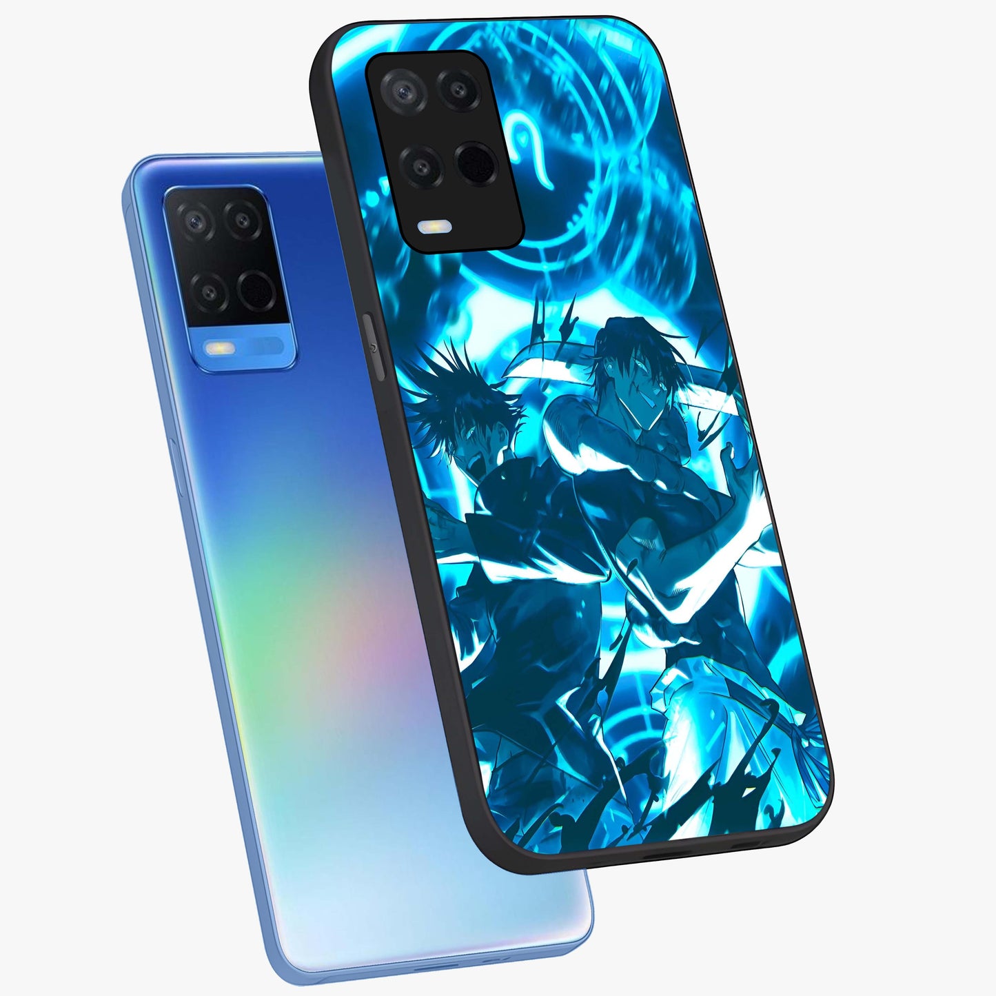 Cursed Energy Clash Glass Case displayed in angled mockup highlighting powerful battle inspired graphic with anime style aesthetic.