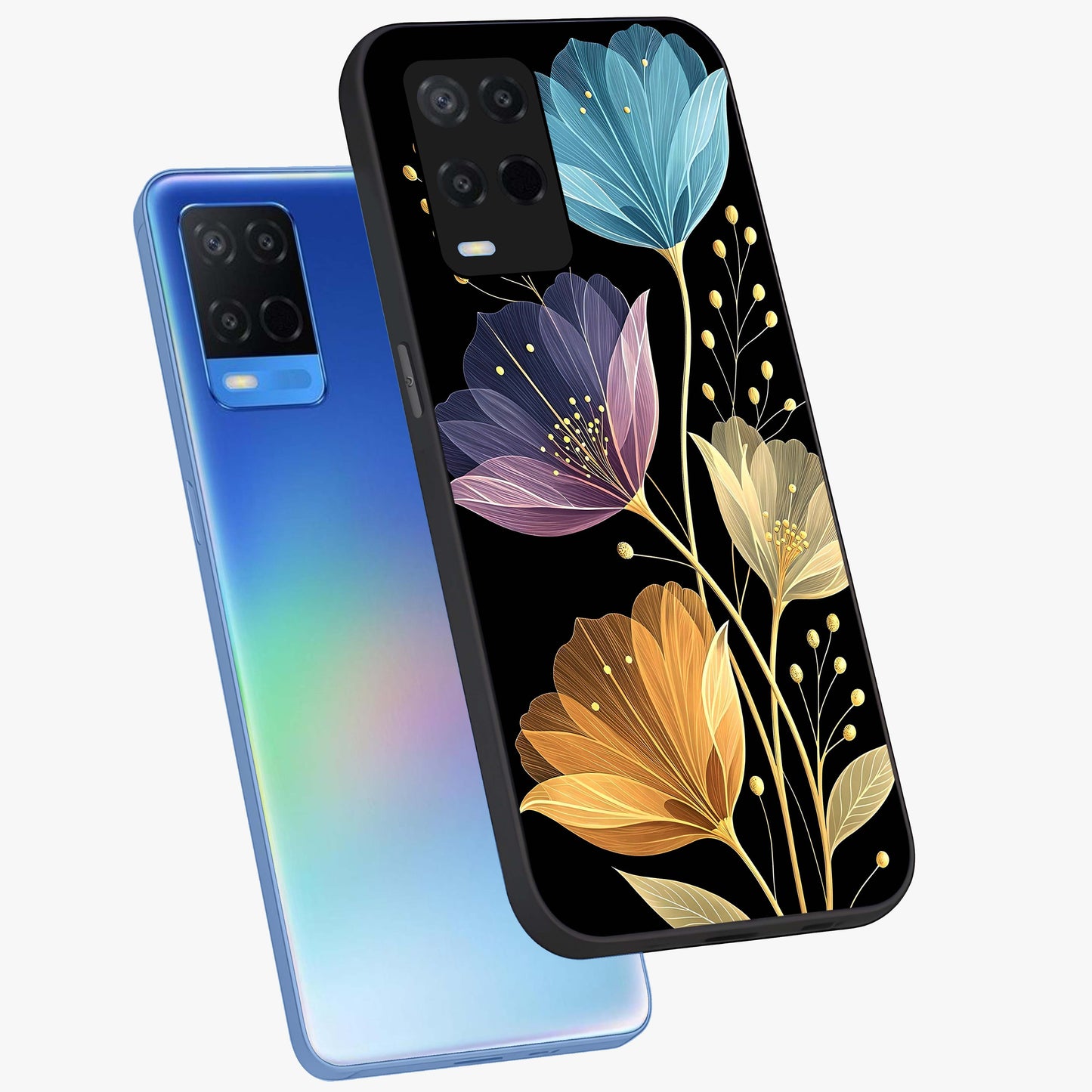 Delicate Multicolor Flowers Glass Case displayed in angled mockup highlighting colorful flower pattern with soft aesthetic style.