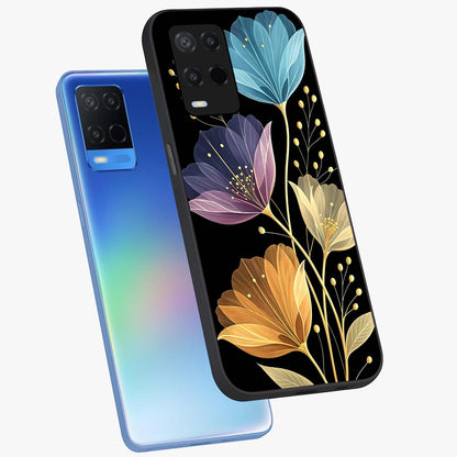 Delicate Multicolor Flowers Glass Case displayed in angled mockup highlighting colorful flower pattern with soft aesthetic style.