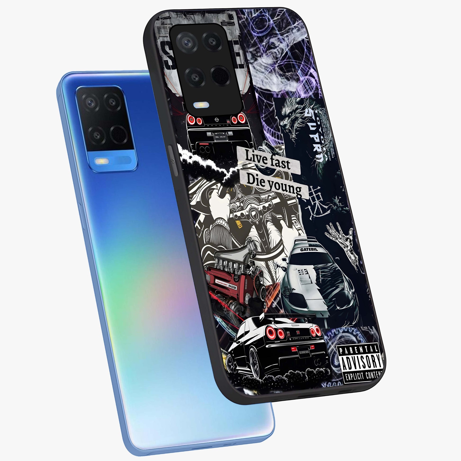 Die Young Glass Case displayed in angled mockup highlighting expressive graphic artwork with edgy aesthetic style.