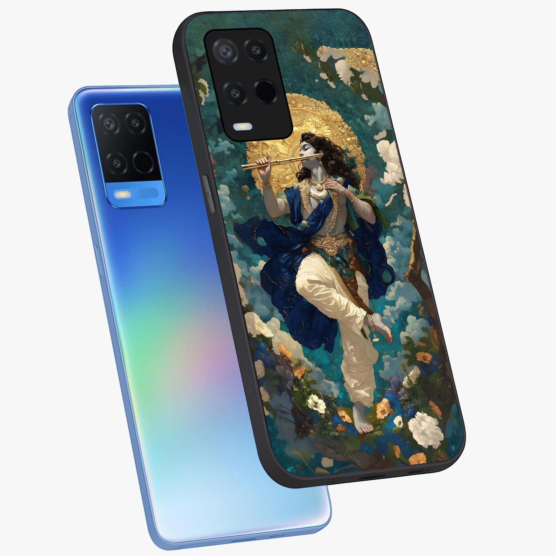 Divine Krishna Art Glass Case displayed in angled mockup highlighting spiritual Krishna illustration with devotional aesthetic.