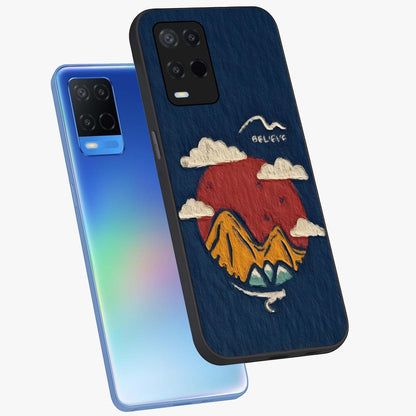 Dream Beyond Mountains Glass Case displayed in angled mockup highlighting dreamy mountain illustration with peaceful aesthetic.