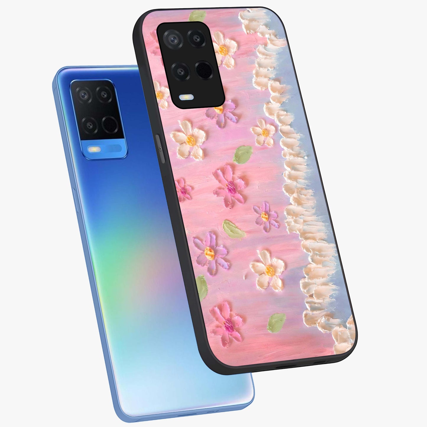 Dreamy Painted Garden Glass Case displayed in angled mockup highlighting colorful garden illustration with dreamy aesthetic style.