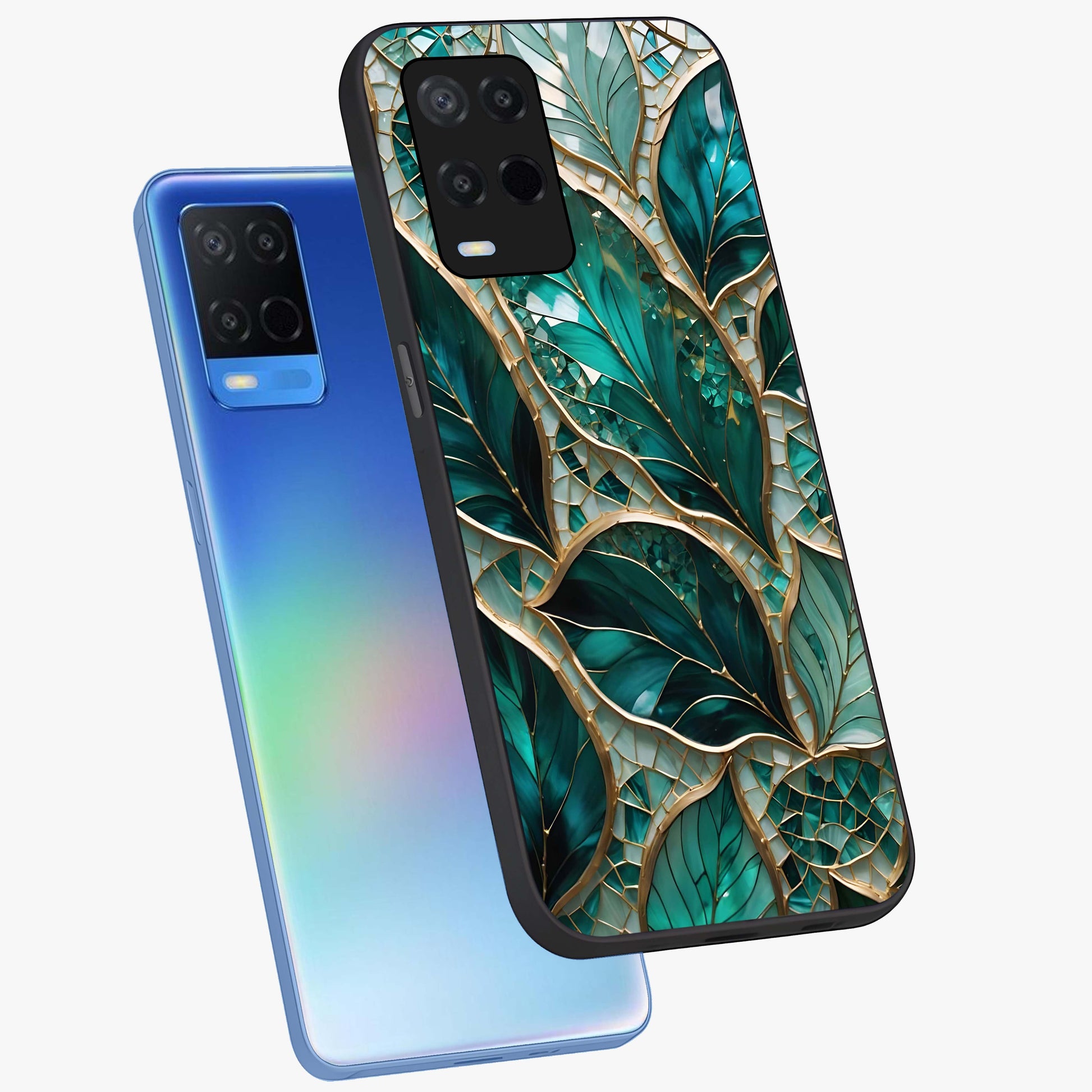 Emerald Leaf Glass Glass Case displayed in angled mockup highlighting botanical leaf illustration with elegant natural aesthetic.