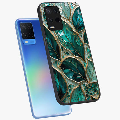 Emerald Leaf Glass Glass Case displayed in angled mockup highlighting botanical leaf illustration with elegant natural aesthetic.