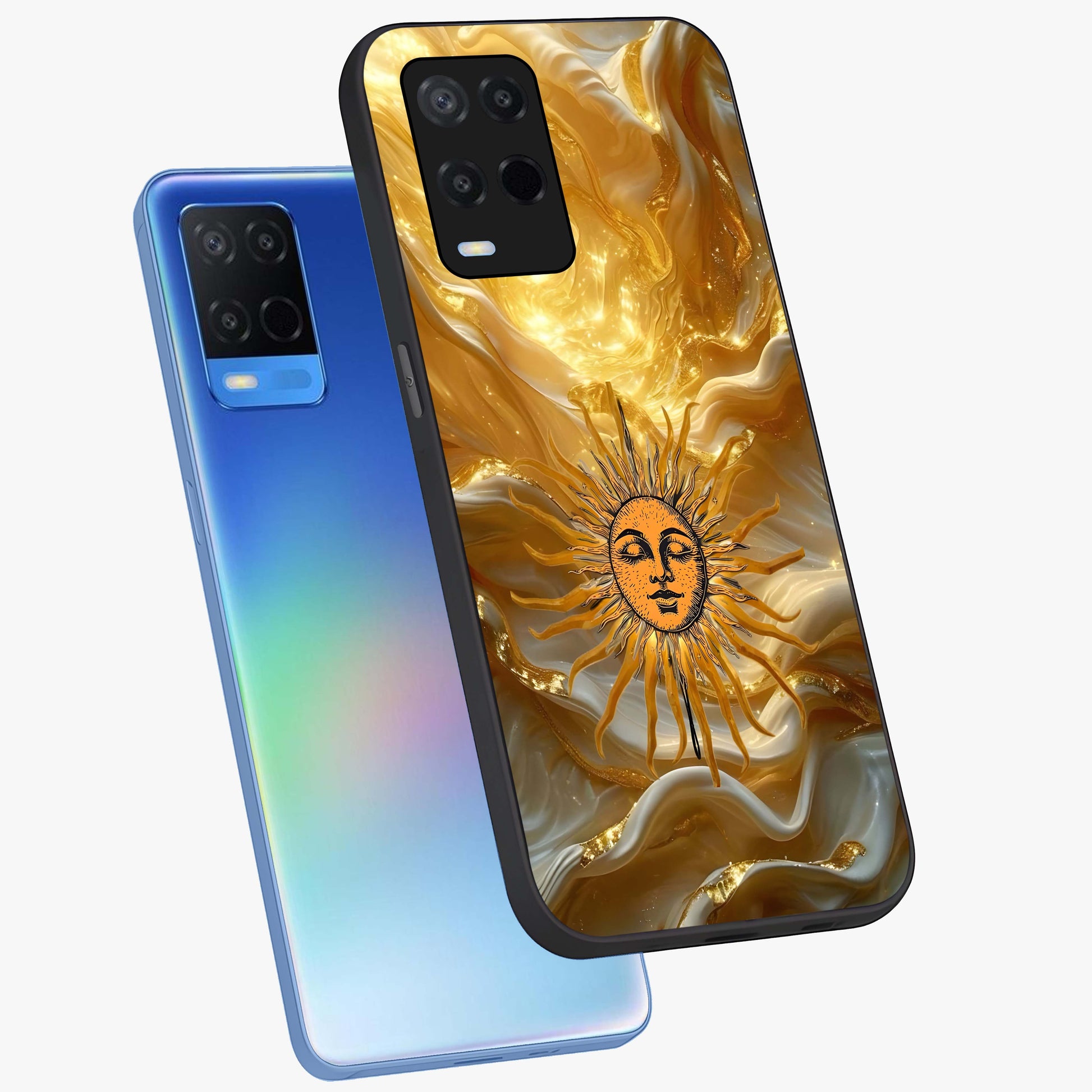 Eternal Golden Glow Glass Case displayed in angled mockup highlighting glowing golden aesthetic design with elegant style.
