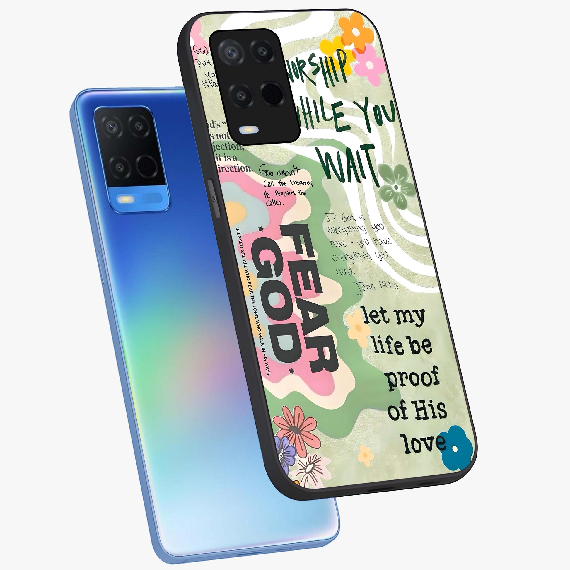 Faith Over Fear Glass Case displayed in angled mockup highlighting inspirational message design with modern aesthetic style.