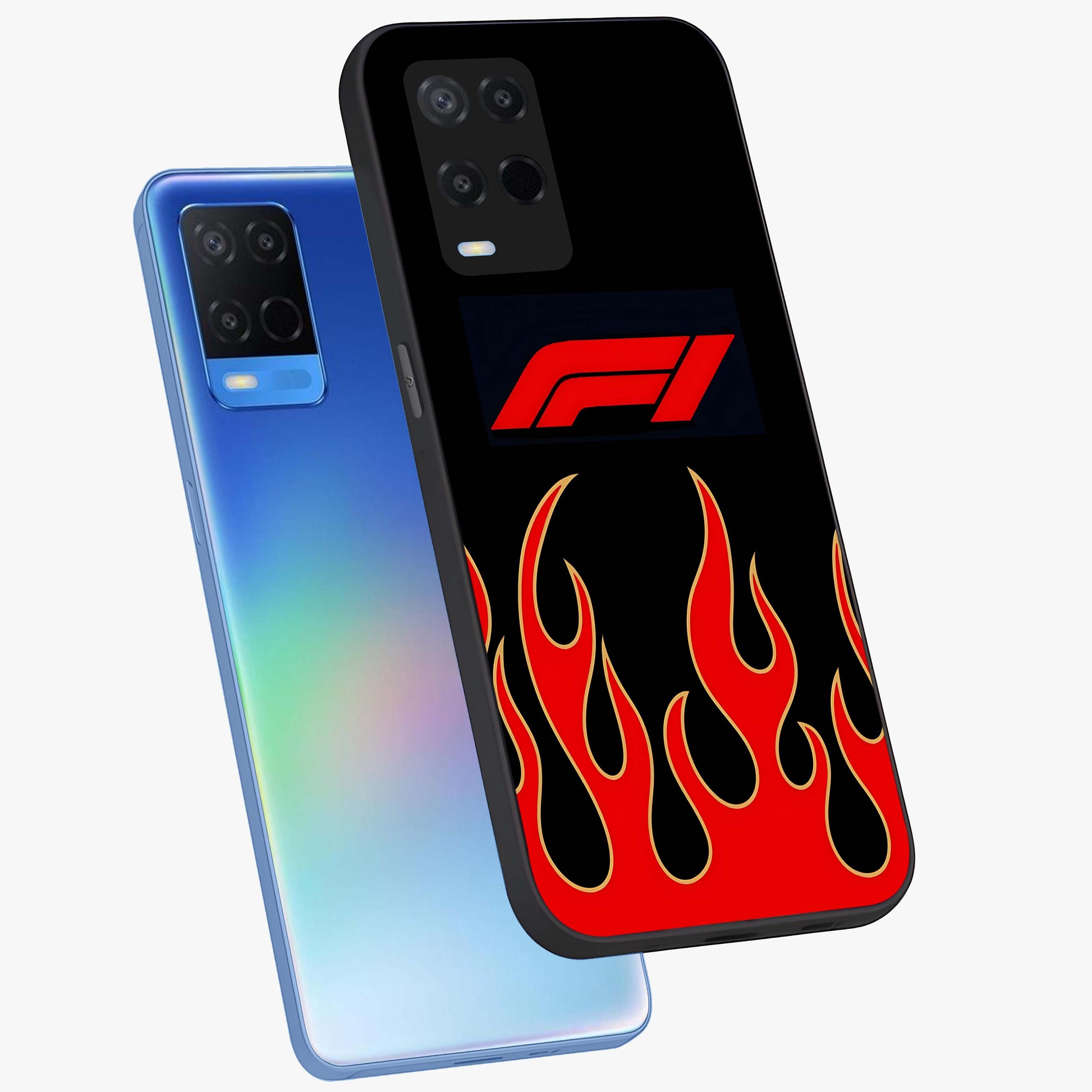 Fire F11 Glass Case displayed in angled mockup highlighting bold fire inspired graphic with energetic aesthetic style.