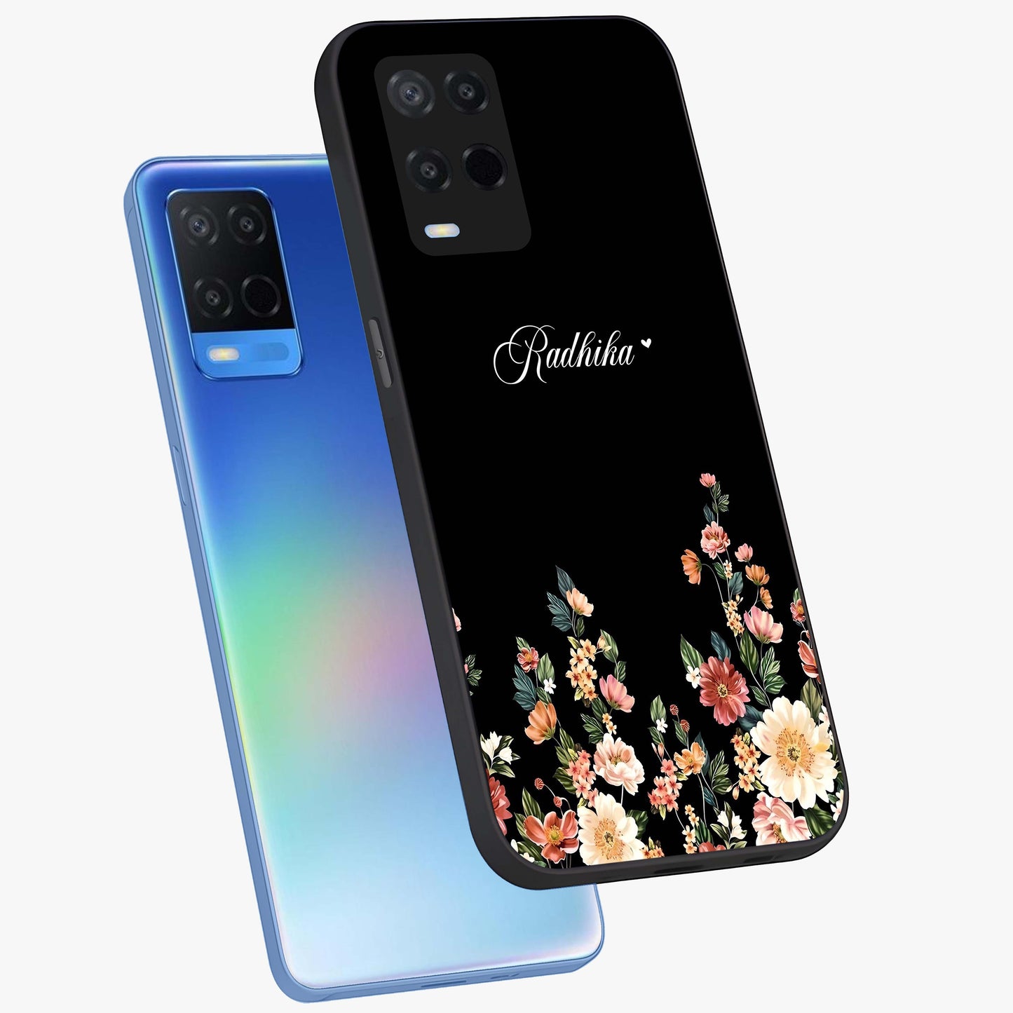 Floral Design With a Custom Personalized Name Glass Case displayed in angled mockup highlighting elegant floral pattern with custom name feature.