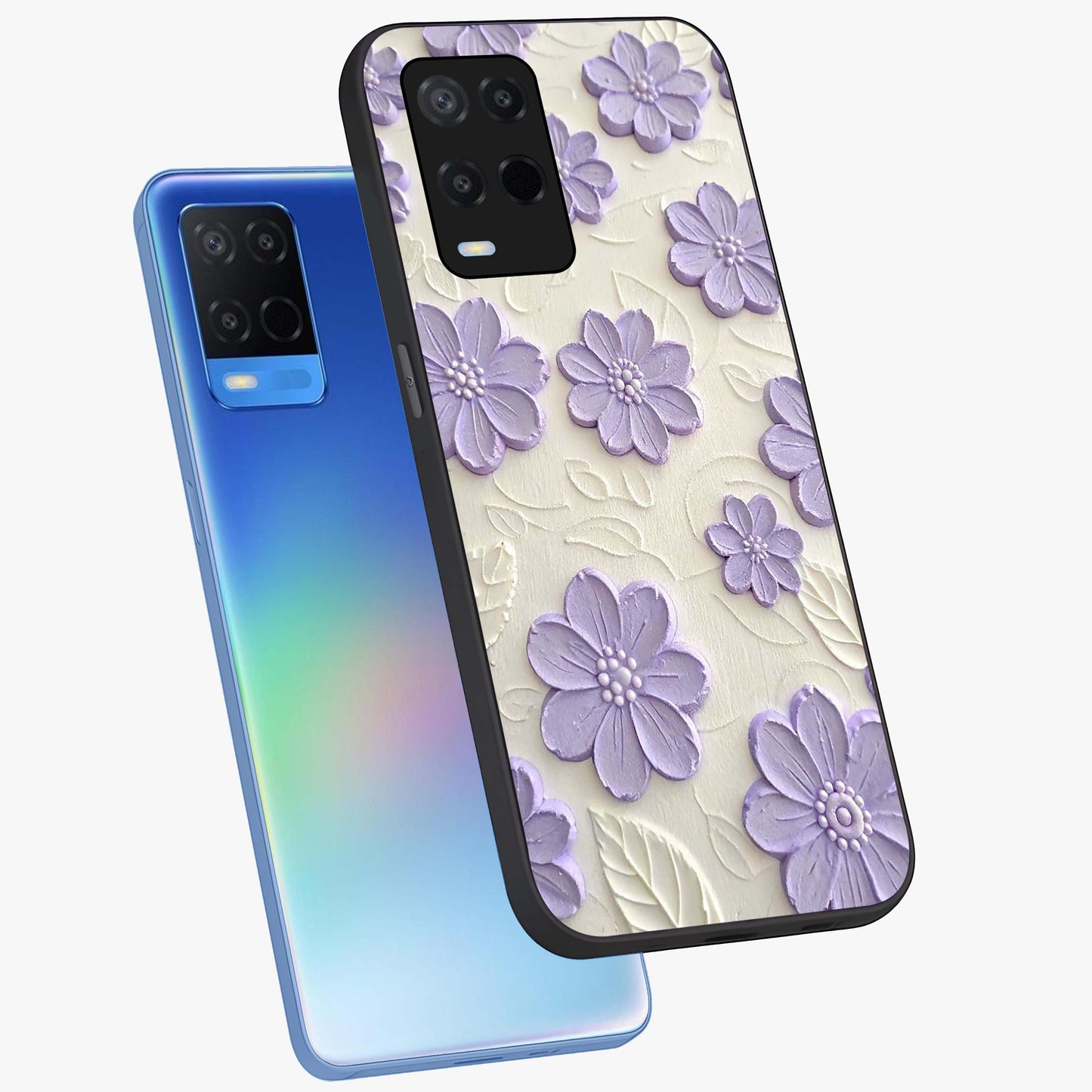Floral Wall Art With Purple Flowers Glass Case displayed in angled mockup highlighting vibrant purple floral illustration with artistic aesthetic.