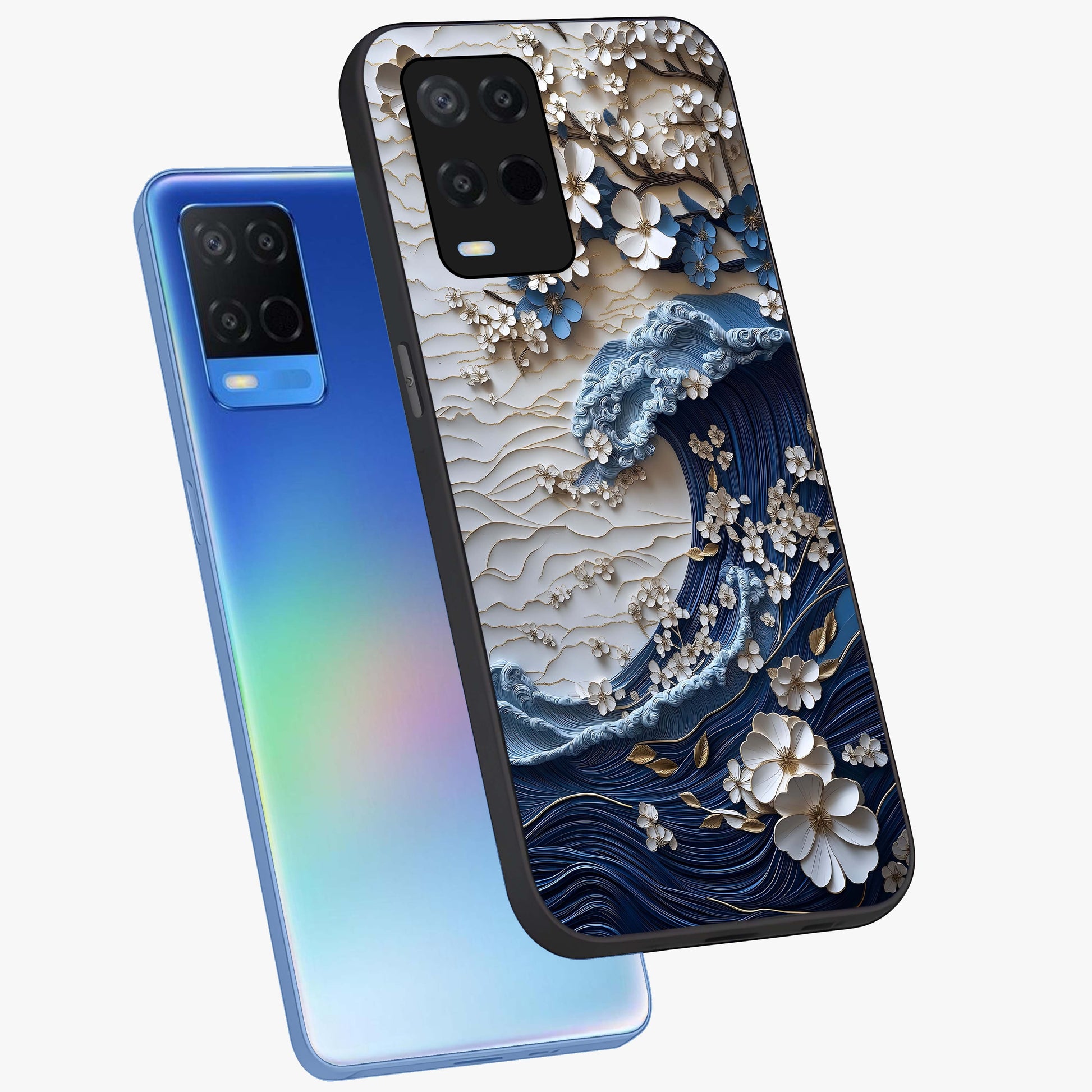 Floral Wave Origami Glass Case displayed in angled mockup highlighting geometric origami flower design with modern aesthetic style.