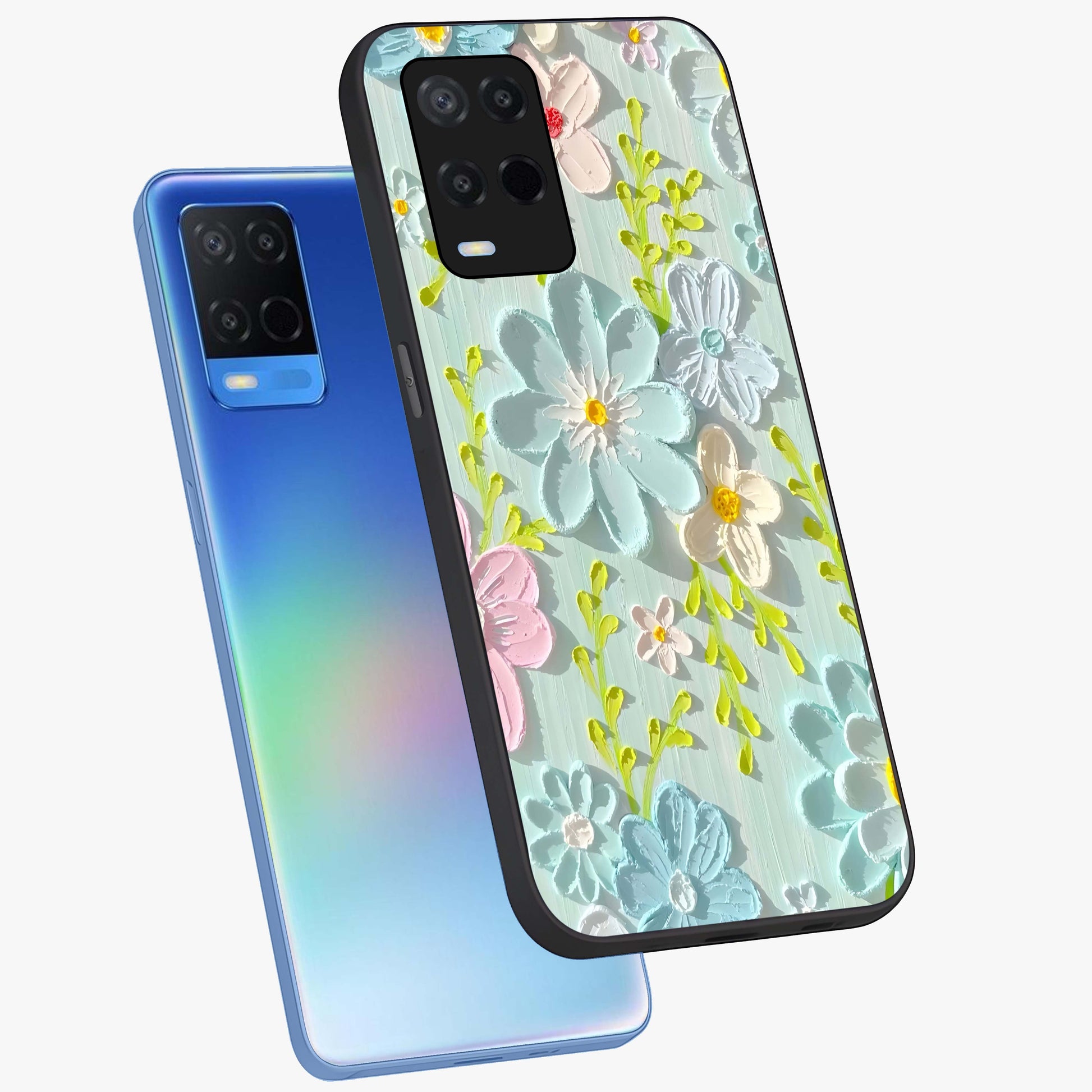 Frosted Petal Garden Glass Case displayed in angled mockup highlighting delicate flower petal design with calm garden aesthetic.
