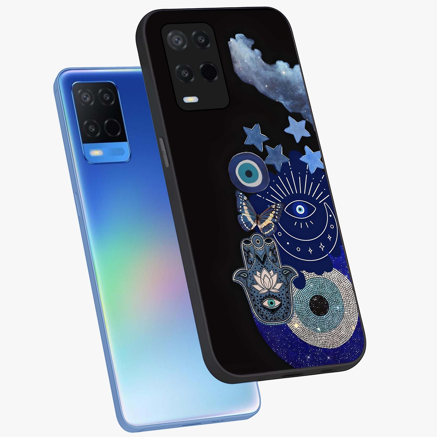 Galactic Charm Cluster Glass Case displayed in angled mockup highlighting luminous galaxy inspired design with dreamy aesthetic.