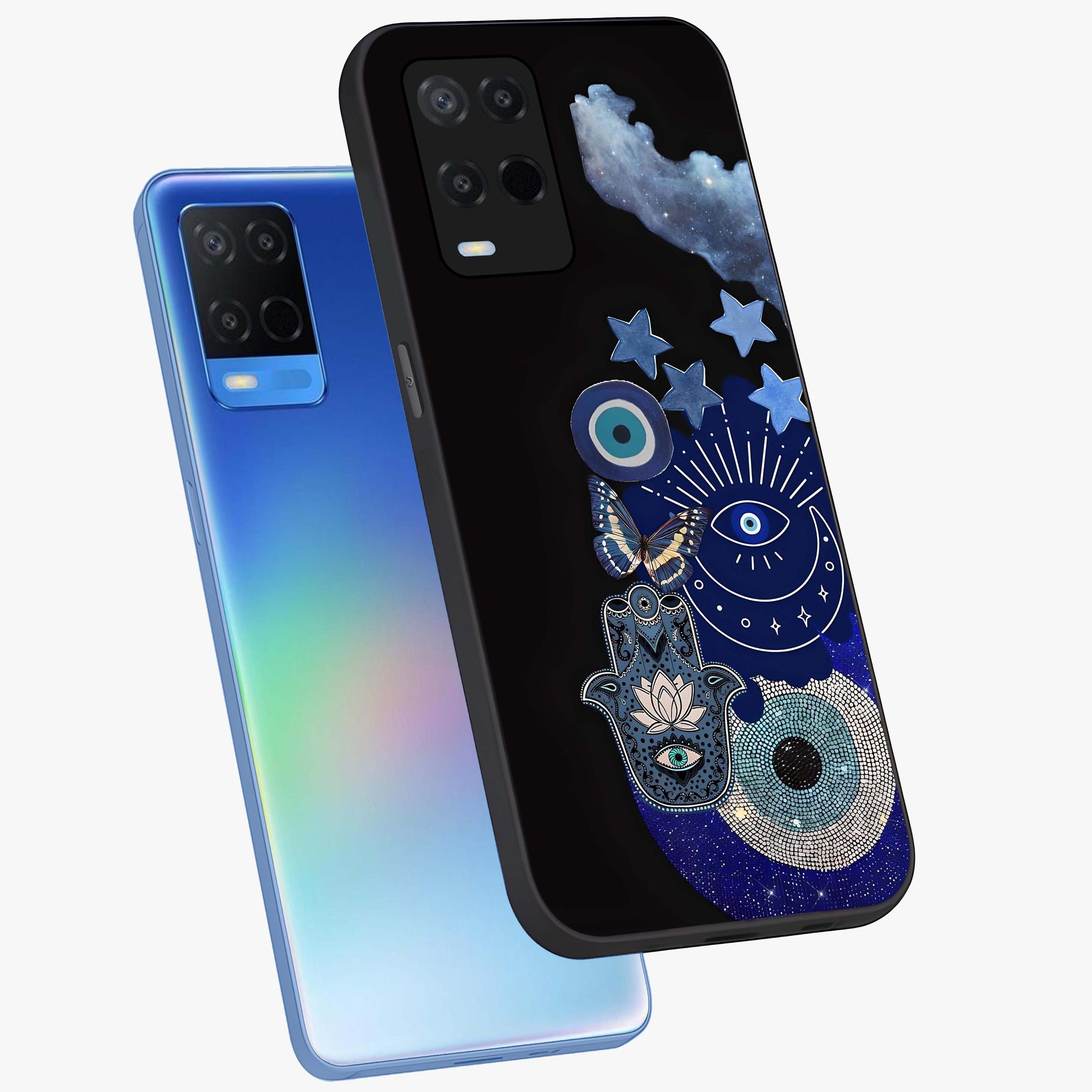 Galactic Charm Cluster Glass Case displayed in angled mockup highlighting luminous galaxy inspired design with dreamy aesthetic.