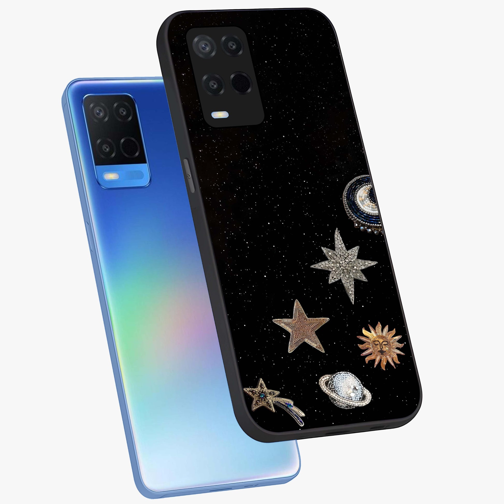 Galactic Charm Glow Glass Case displayed in angled mockup highlighting luminous galaxy inspired design with dreamy aesthetic.