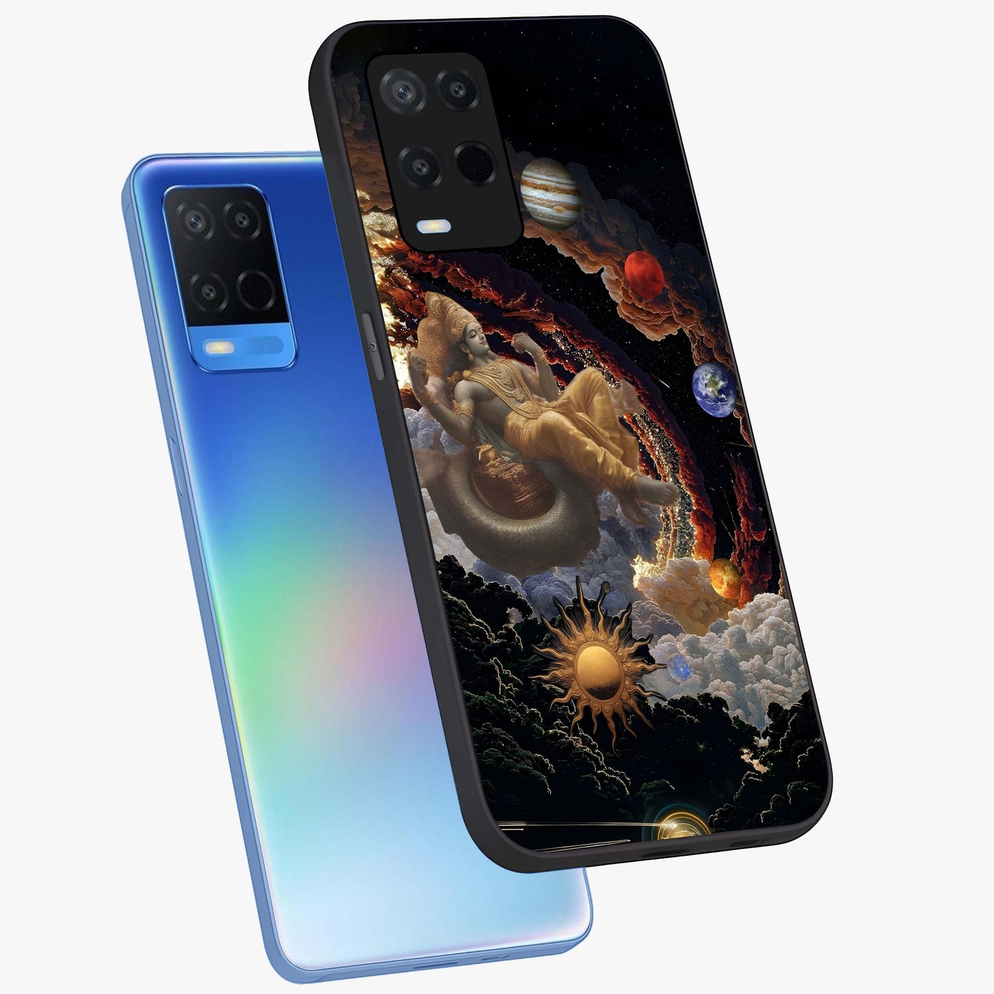 Galactic Divine God Glass Case displayed in angled mockup highlighting powerful celestial deity illustration with galactic aesthetic.
