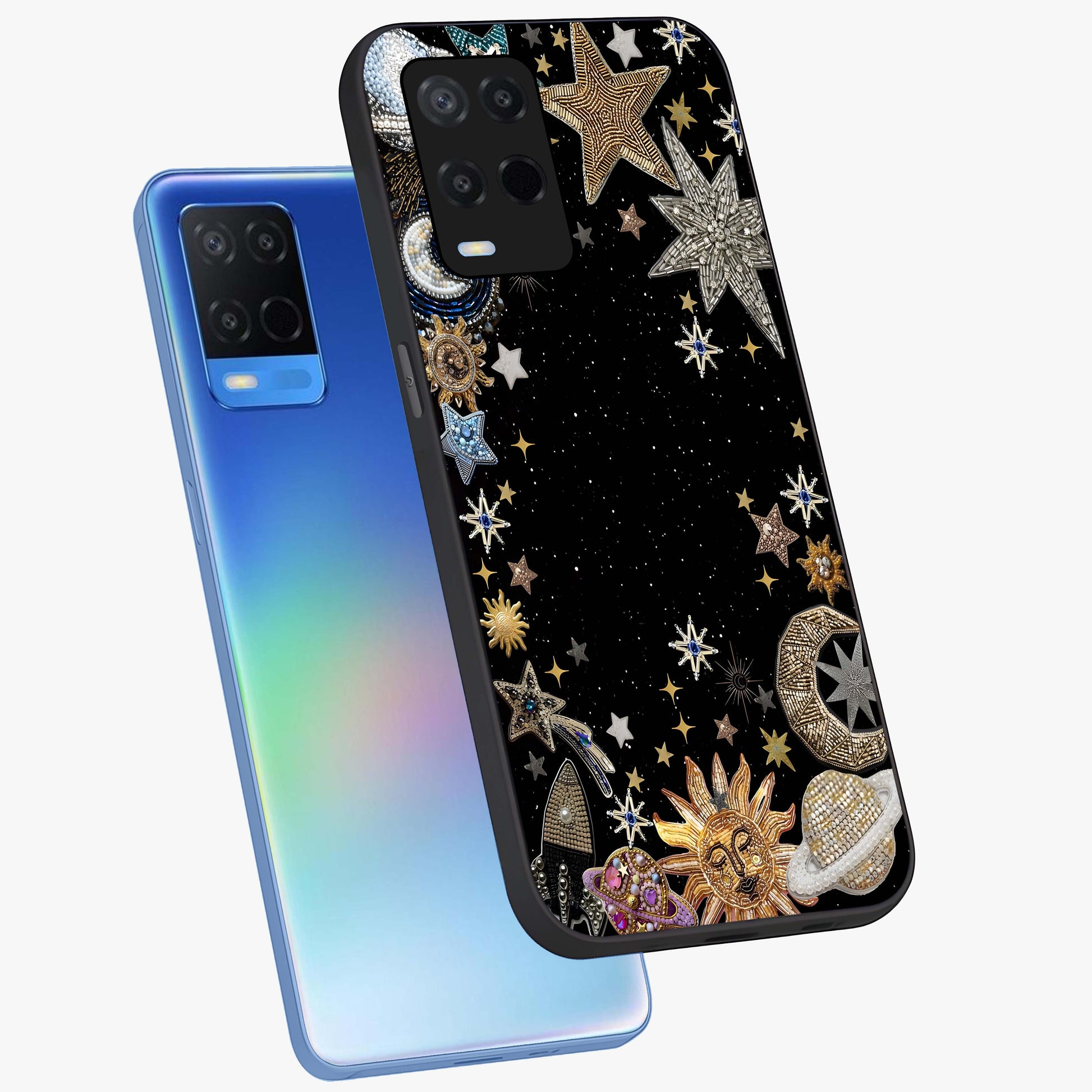 Galactic Jewel Stars Glass Case displayed in angled mockup highlighting shining celestial star design with cosmic aesthetic style.