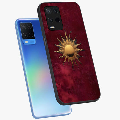 Golden Sun Minimalism Glass Case displayed in angled mockup highlighting clean sun symbol design with modern minimal aesthetic.