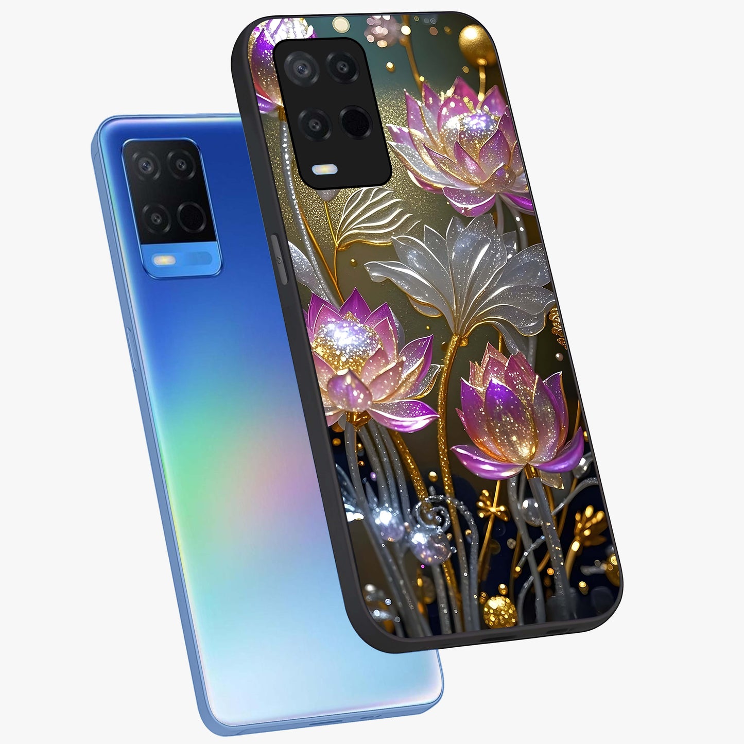 Golden Floral Majesty Glass Case displayed in angled mockup highlighting elegant flower design with royal golden aesthetic.