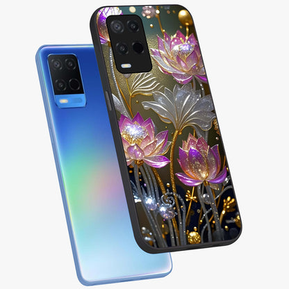 Golden Floral Majesty Glass Case displayed in angled mockup highlighting elegant flower design with royal golden aesthetic.
