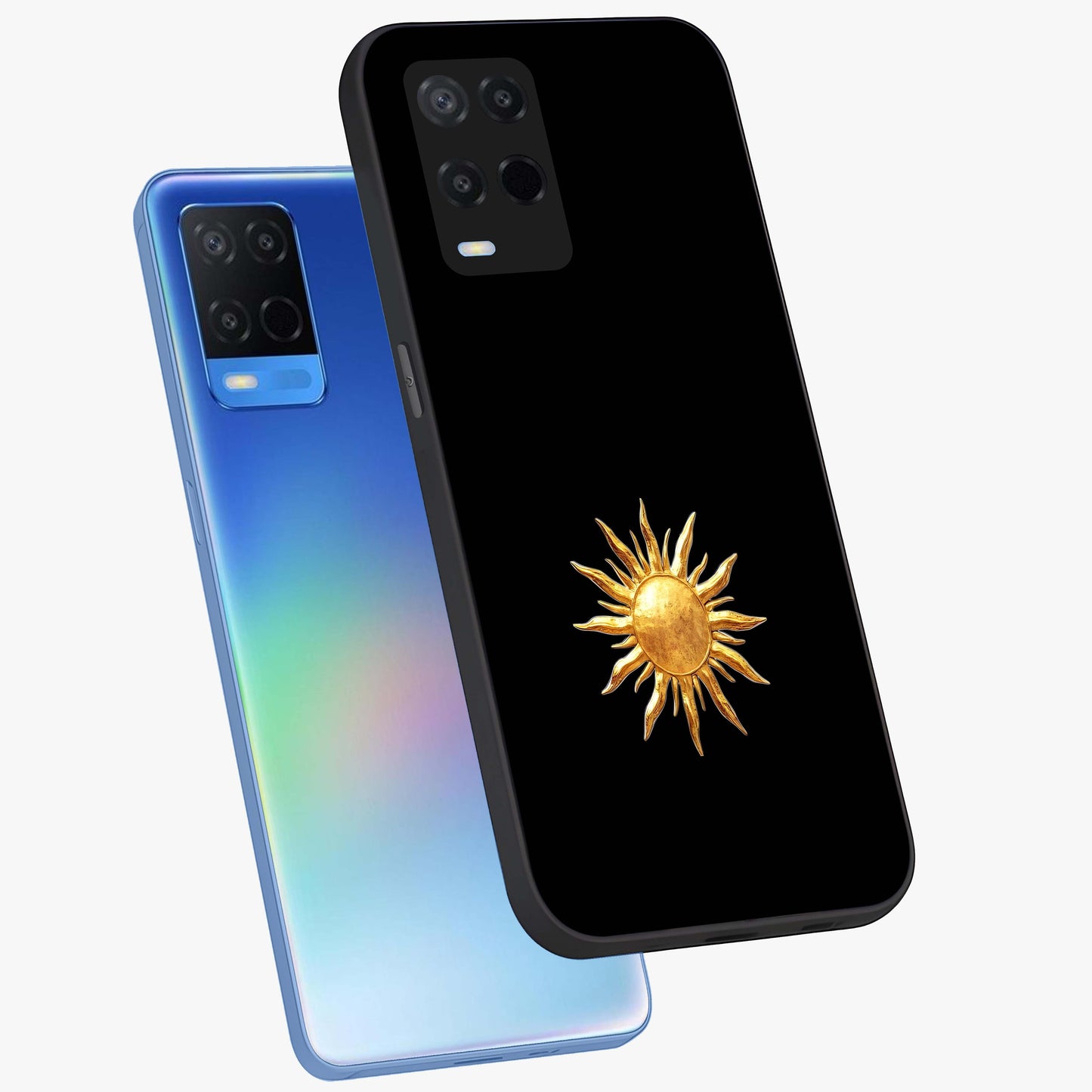 Golden Sun Minimalism Glass Case displayed in angled mockup highlighting eerie shadow illustration with gothic aesthetic.