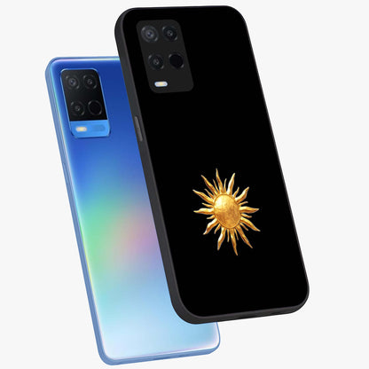 Golden Sun Minimalism Glass Case displayed in angled mockup highlighting eerie shadow illustration with gothic aesthetic.